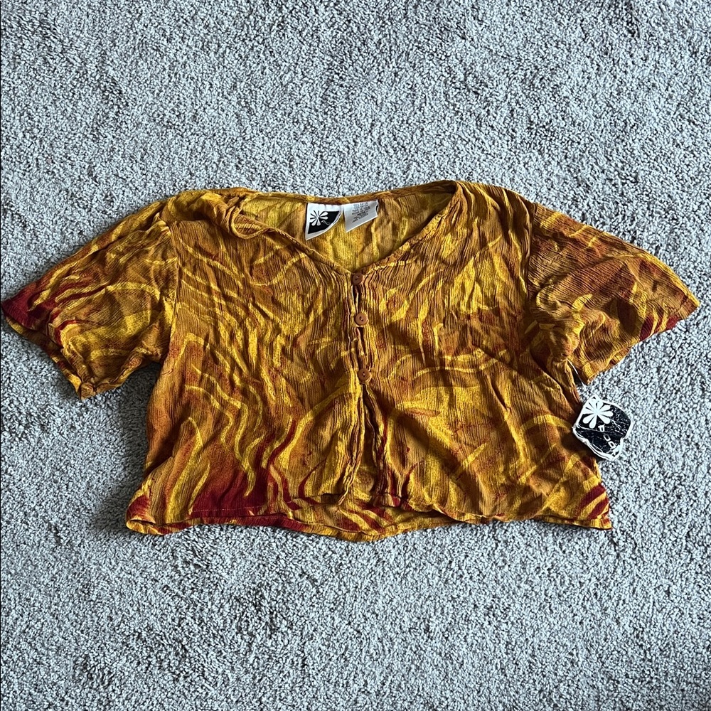 Women's Boho Mustard Yellow Button-Front Cropped Short Sleeve Top